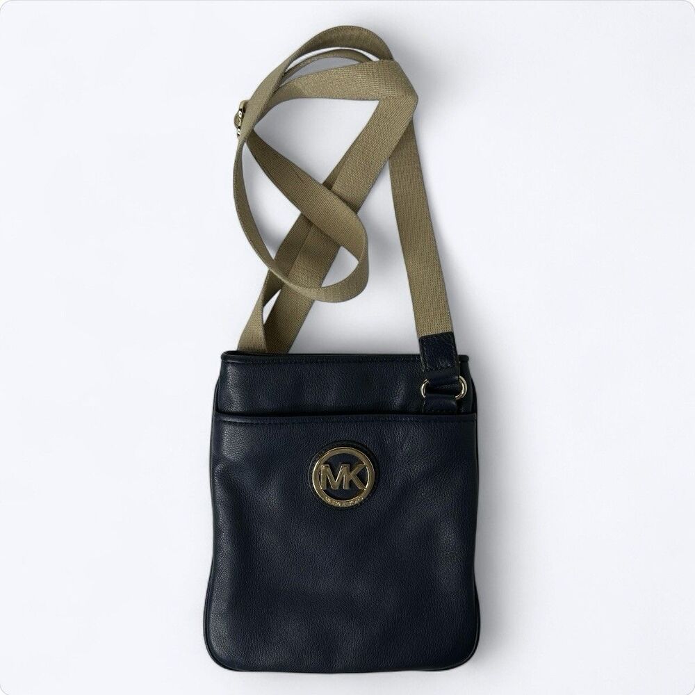 Michael Kors Blue Leather Crossbody Purse Gold Tone Logo Adjustable Canvas Strap